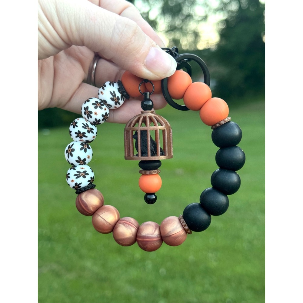 Handmade Caged Raven 3D Printed Bead Wristlet Keychain Orange Black Floral - Picture 2 of 2